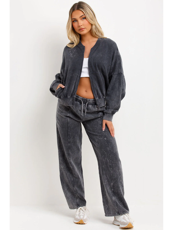 Stonewashed Bomber Jacket With Zip And Joggers Loungewear Set