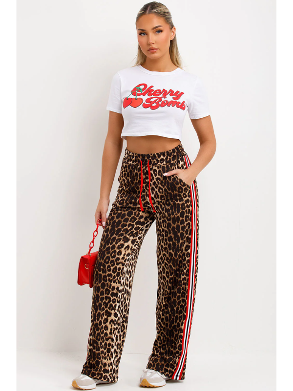 Leopard Print Joggers With Red Side Strips