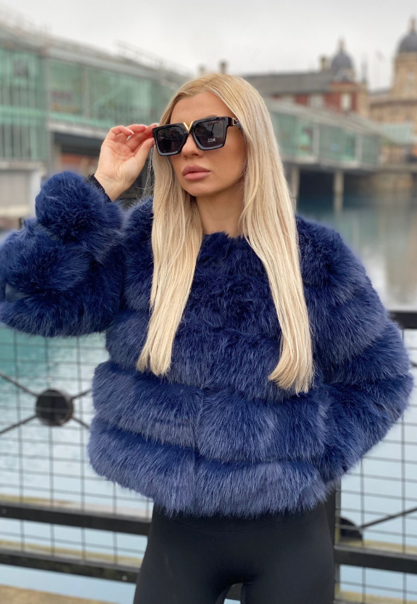 Cropped Faux Fur Navy Jacket