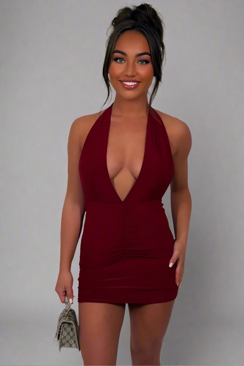 Plunge Neck Bodycon Dress With Ruched Front Burgundy – Looking Good Boutique