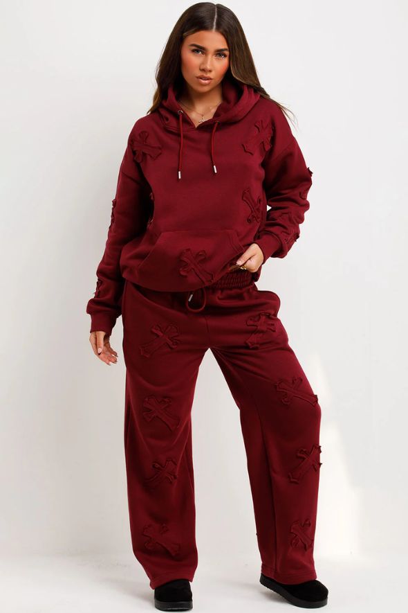 Hooded Tracksuit Burgundy Velour Sweatsuit Two Piece Set Casual