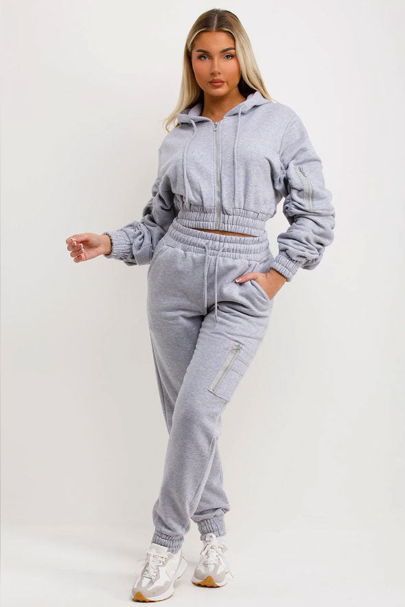 Women's Tracksuit With Ruched Sleeves Grey –