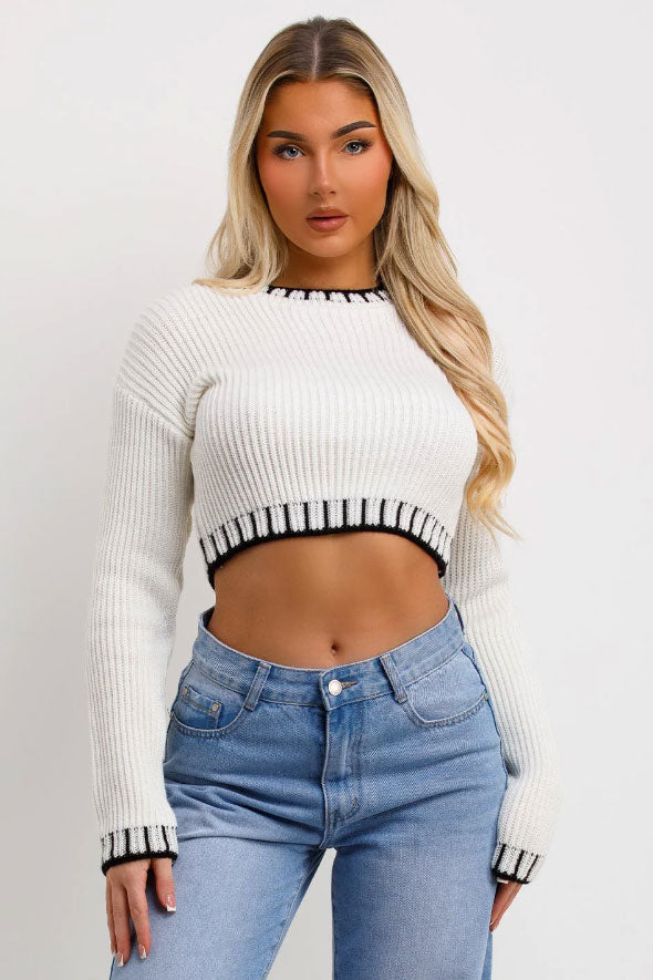 Crop Knit Jumper With Blanket Stitch Detail White Looking Good Boutique