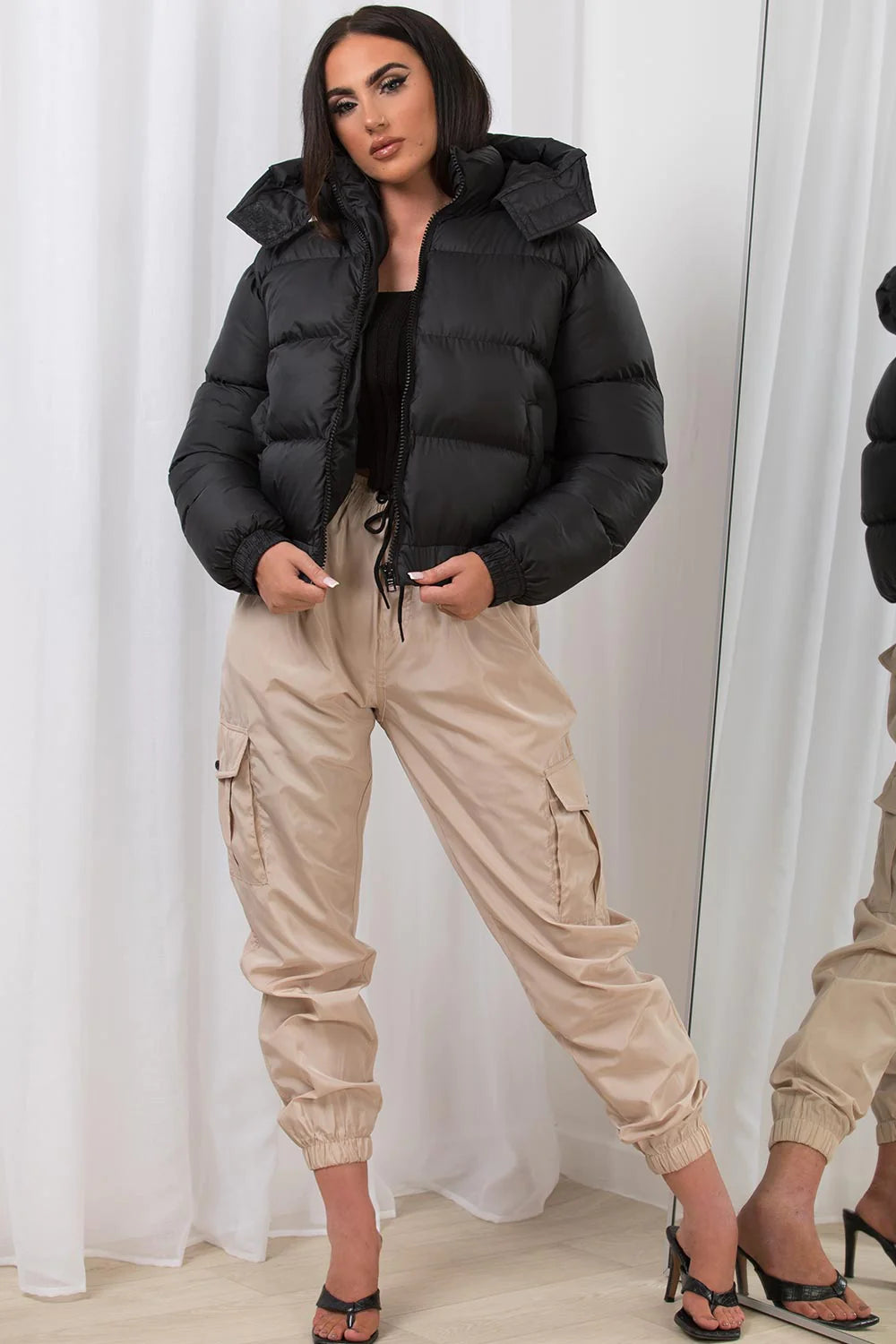 Cropped puffer coat with fur shop hood