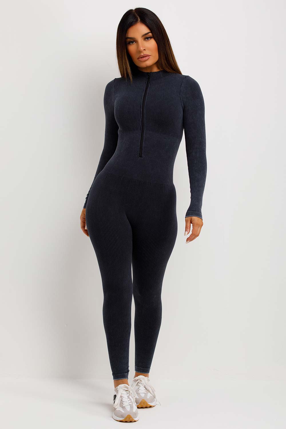 Seamless Ribbed Jumpsuit Structured Contour Unitard With Zip Front