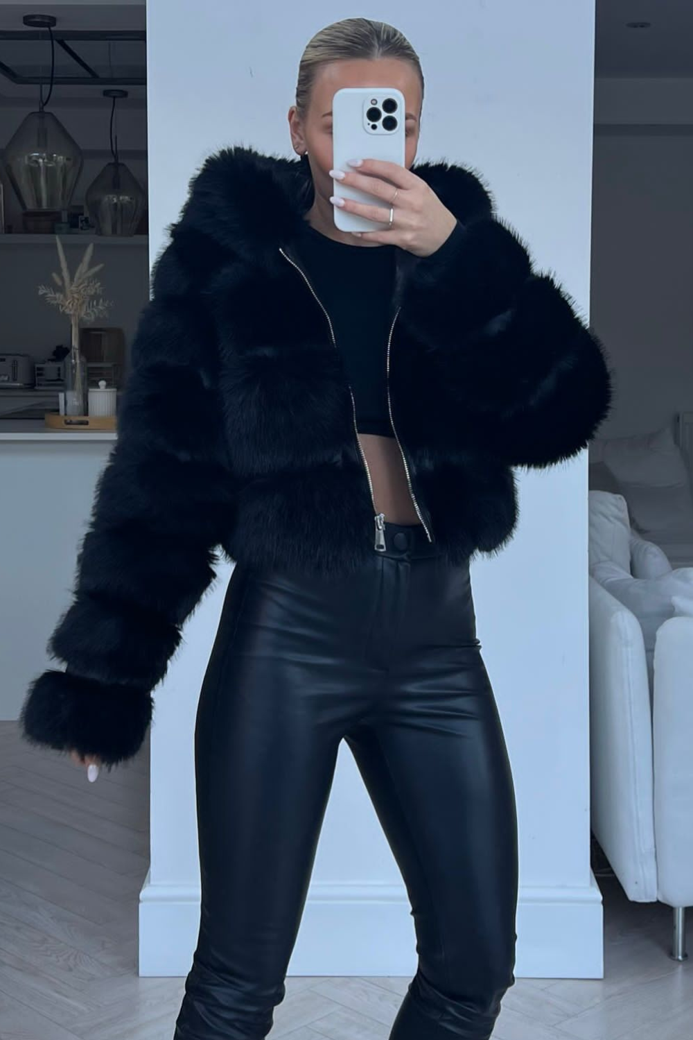 Black fluffy jacket with hood best sale