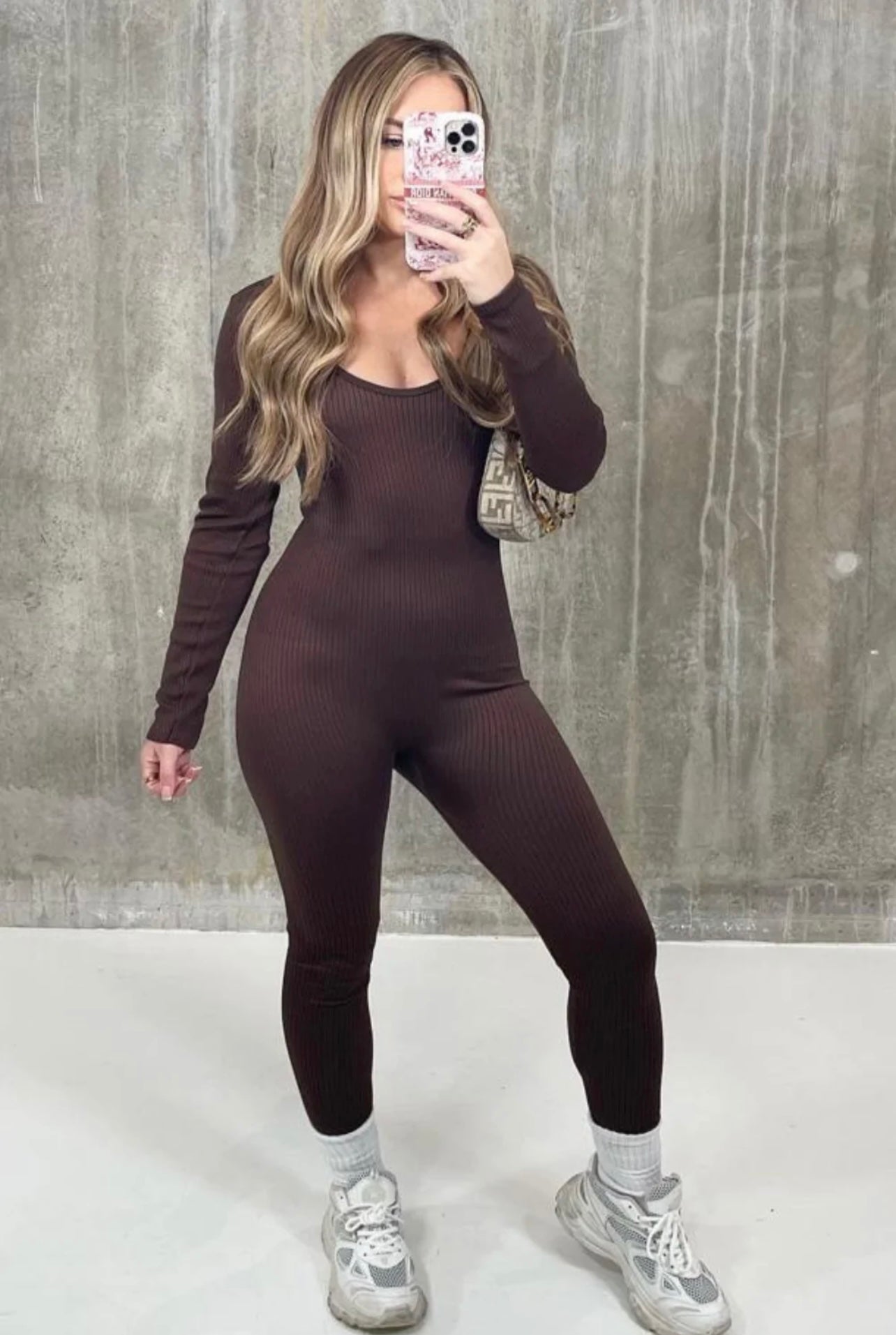 Brown Long sleeve ribbed bodycon jumpsuit