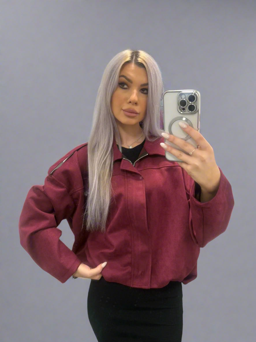 New Romantic Suedette Bomber Jacket Burgundy