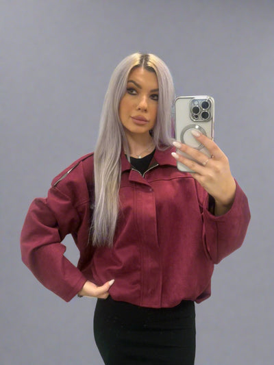 New Romantic Suedette Bomber Jacket Burgundy