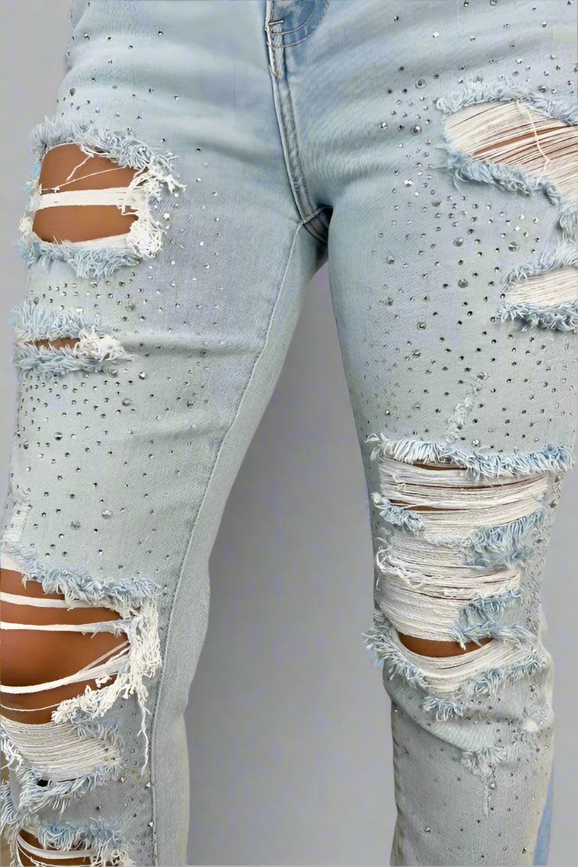 Light wash Sparkle Ripped Stretch Jeans