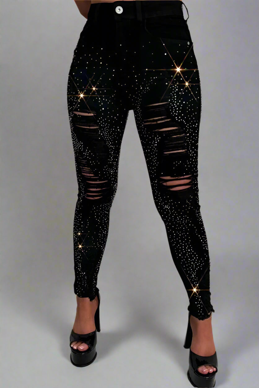 Black Sparkle Ripped Stretch Jeans