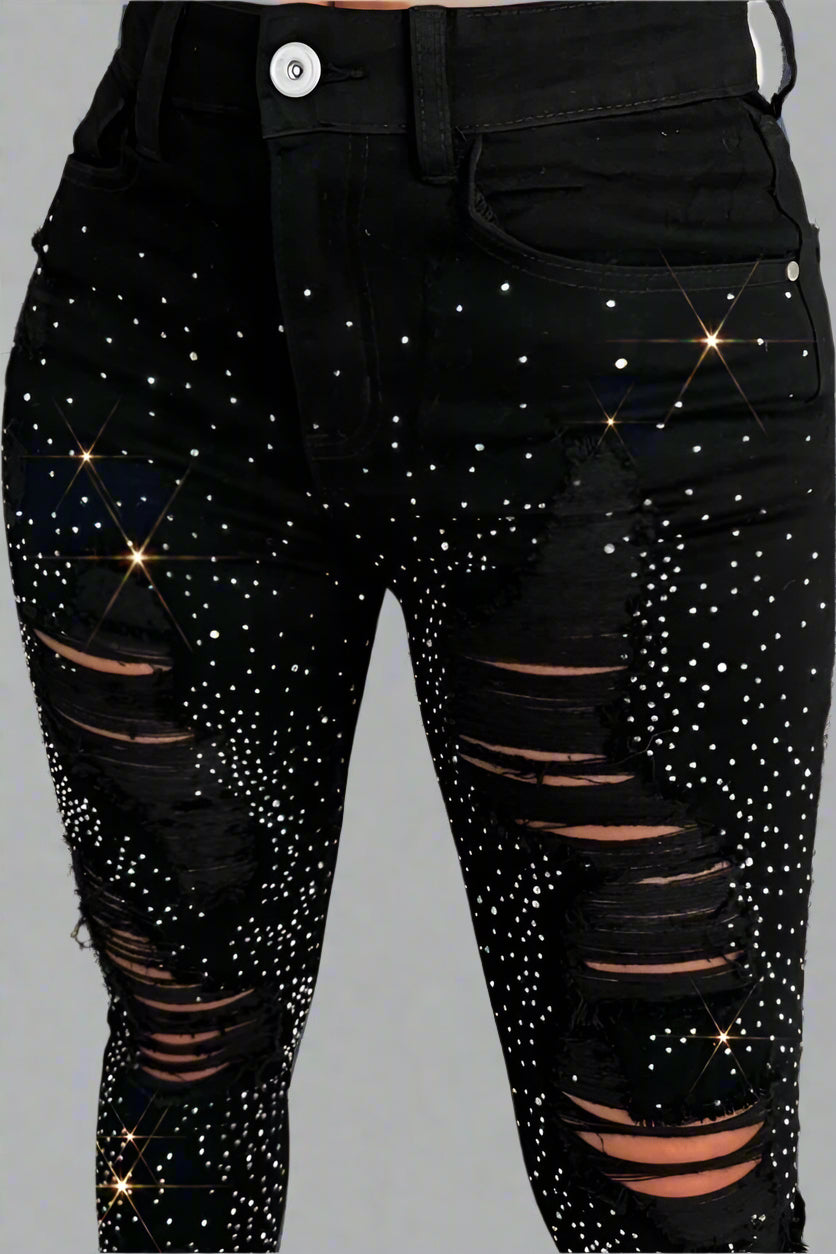 Black Sparkle Ripped Stretch Jeans