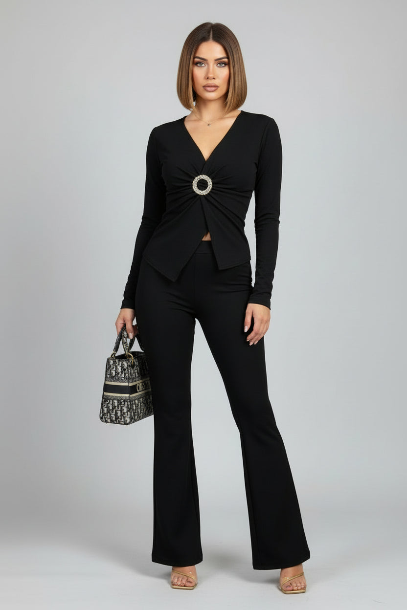 Black Long Sleeve Top And Trouser Co Ord With Gold Buckle