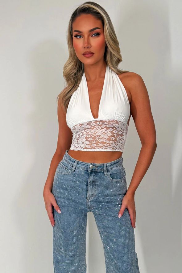 White Plunge Halter Neck Crop Top With Lace Hem