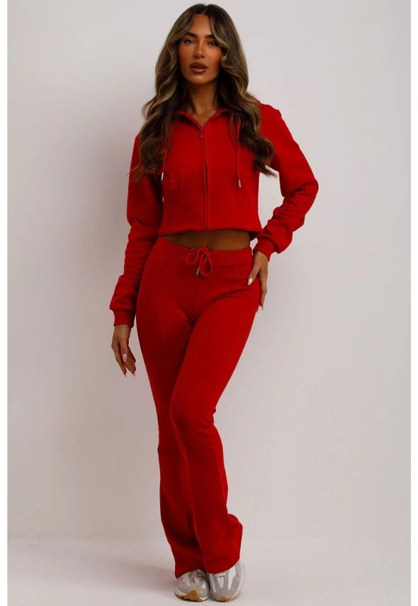 Crop Sweatshirt Hoodie And Bell Bottom Trousers Loungewear Set Red