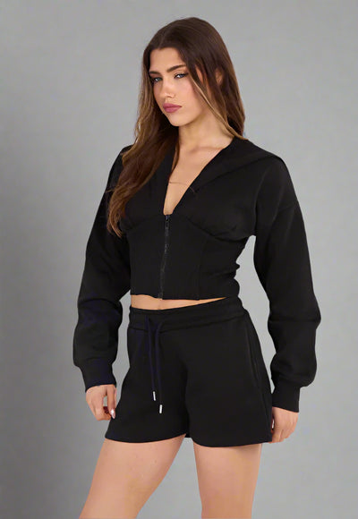 High Waist Hoodie & Shorts Co-ord Black