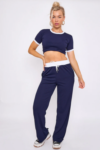 Navy Blue Ribbed Crop Top & Wide Leg Trouser Co-ord - Magnolia