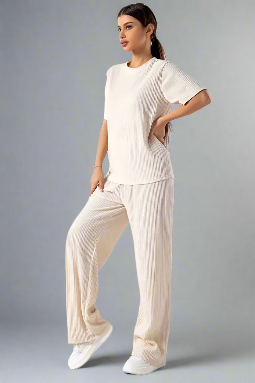 Asymmetric Hem Top And Wide Leg Trouser Co-Ord Beige