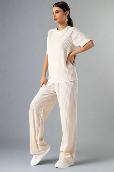 Asymmetric Hem Top And Wide Leg Trouser Co-Ord Beige