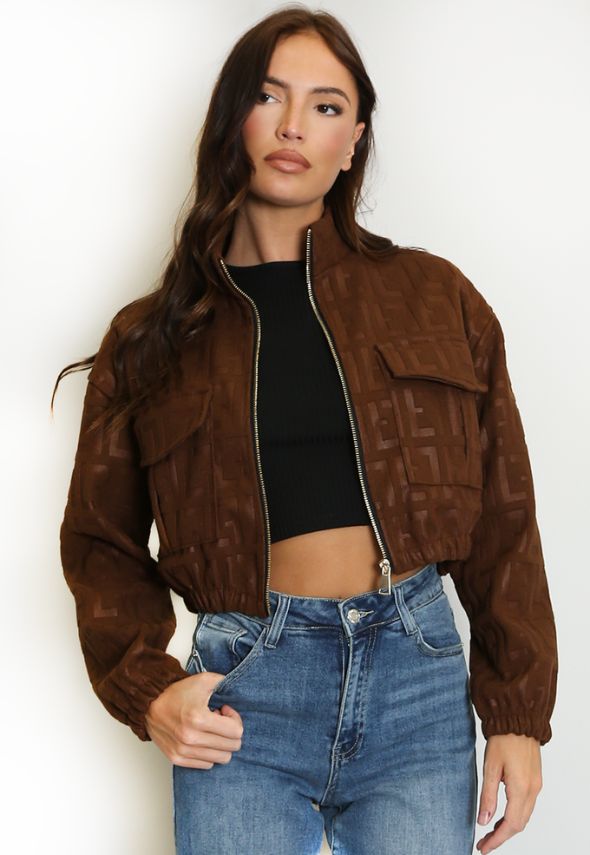 Cropped Print Suedette Bomber Jacket Brown