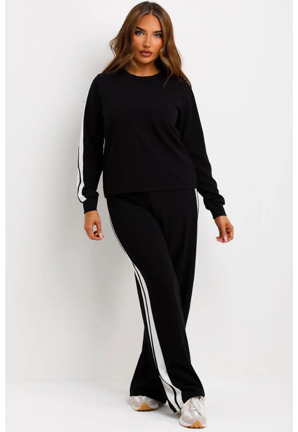 Jumper And Trousers Loungewear Set With Contrast Stripe Split Detail Black