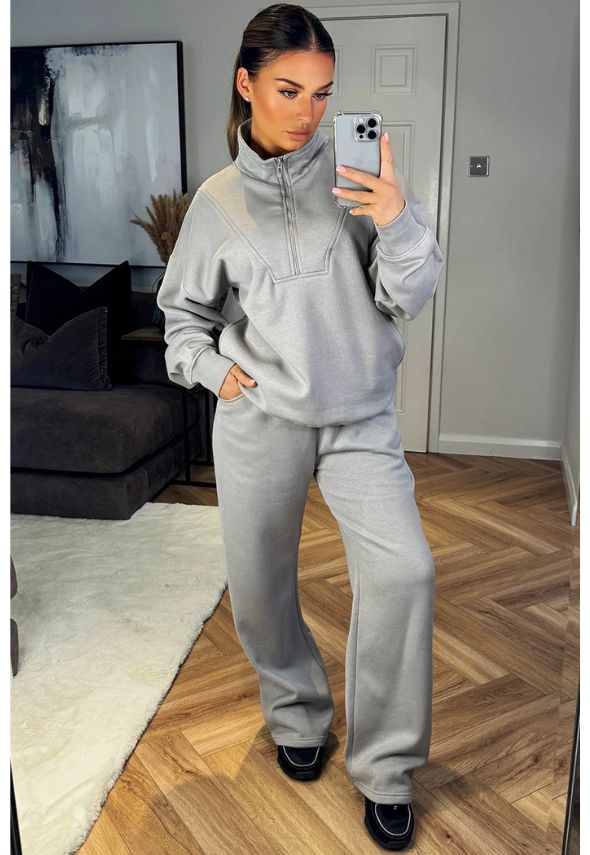 Half Zip Sweatshirt And Joggers Loungewear Set Dove Grey