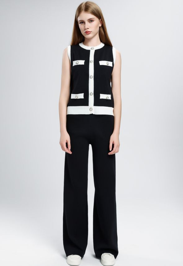 Ribbed Contrast Trim Waistcoat and Wide Trousers Set Black