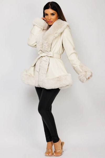 Beige Faux Fur Vegan Leather Swing Coat Jacket