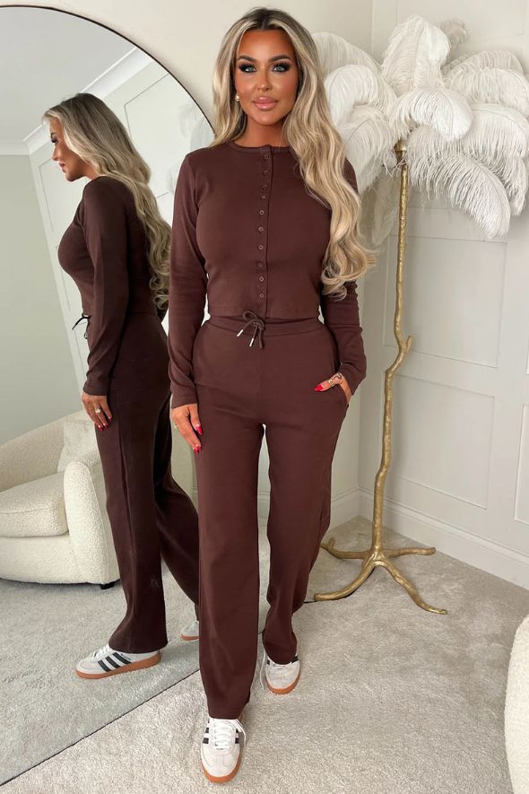 Brown Ribbed Long Sleeve Co-ord Set