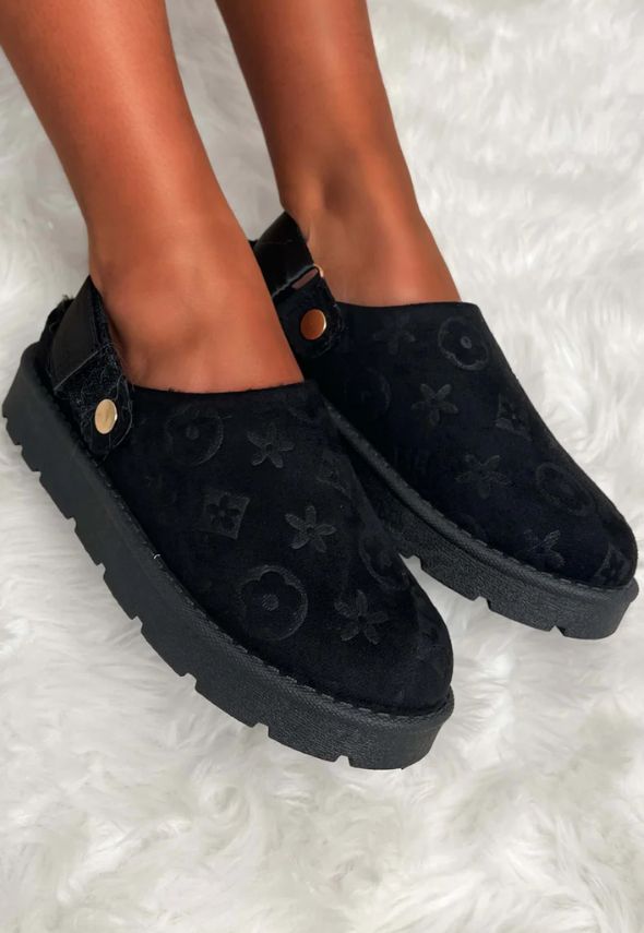 Embossed Sling Back Borg Lined Mules Black