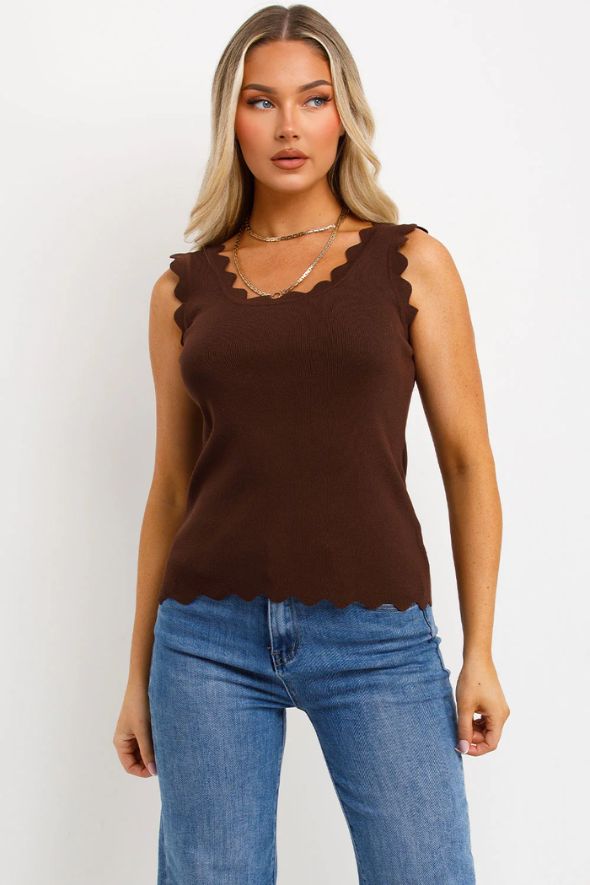Knitted Vest Top With Scalloped Neck Brown