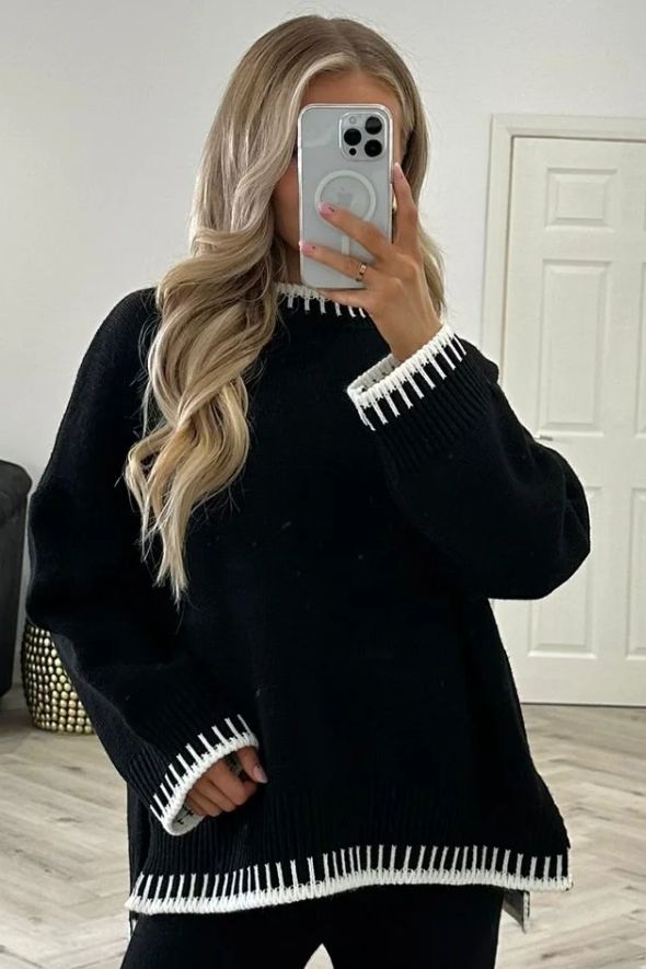 Round Neck Oversized Knitted Design Top & Trouser Set - Black/ White