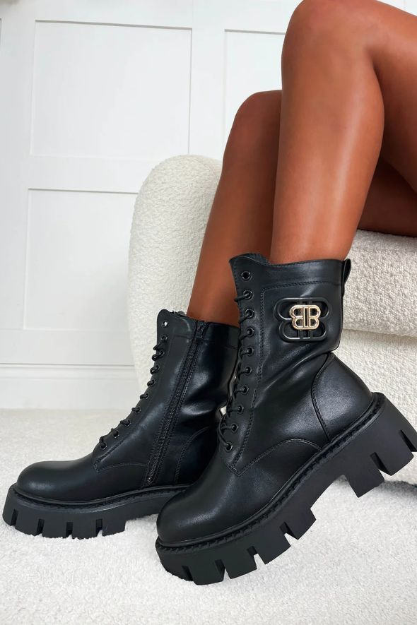 Black Faux Leather Large Buckle Lace Up Boots