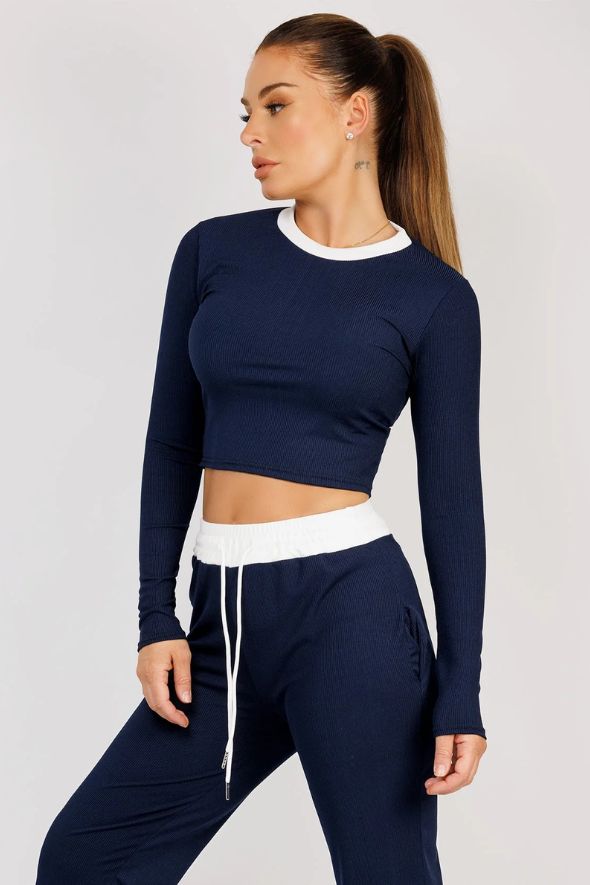 Navy Wide Leg Trousers and Long Sleeve Top Loungewear Set