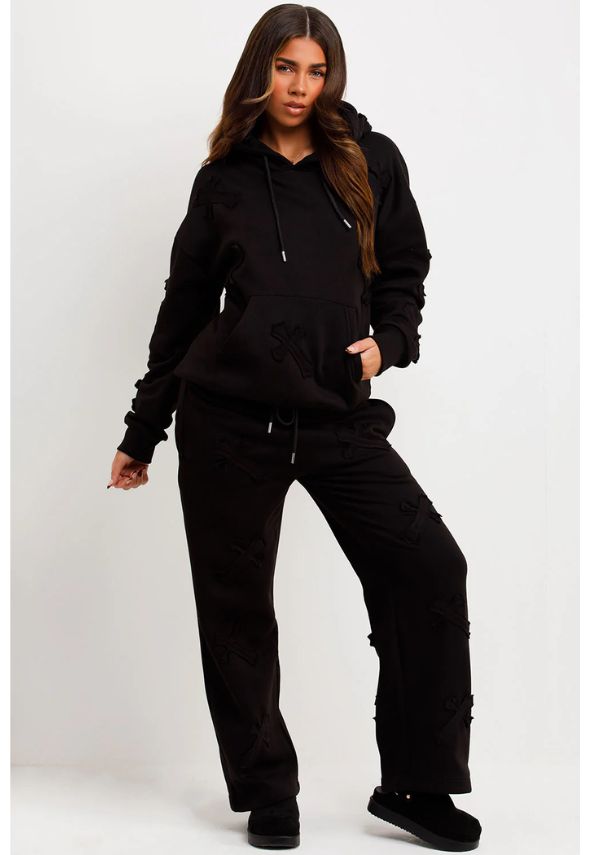 Crucifix Patch Hoodie And Joggers Tracksuit Lounge Set Black