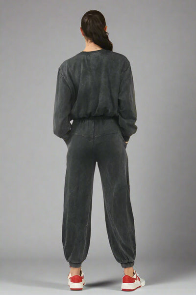 Acid Wash Bubble Hem Sweatshirt & Jogger Tracksuit Black