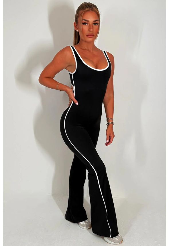 Skinny Flare Leg Jumpsuit With Open Back Black