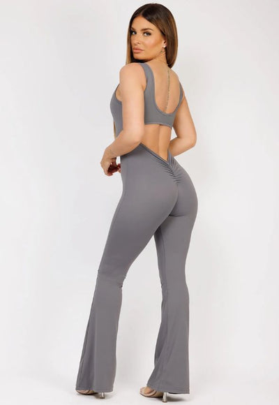 Grey Sleeveless Open Back Ruched Jumpsuit