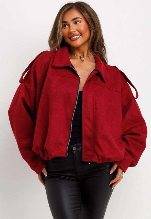 Faux Suede Puffed Bomber Jacket With Tabs Burgundy
