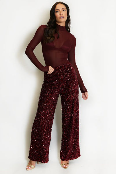 Sequin High Waisted Wide Led Trouser Wine
