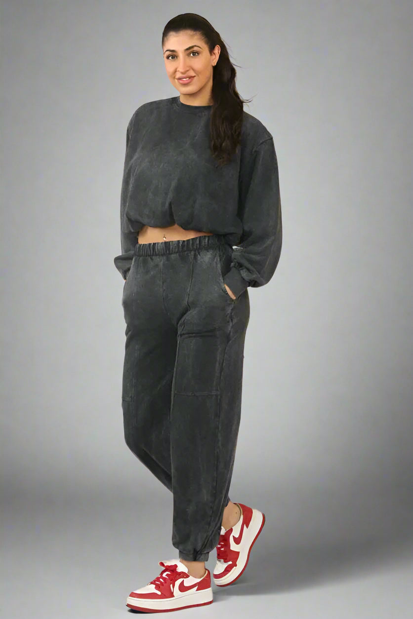 Acid Wash Bubble Hem Sweatshirt & Jogger Tracksuit Black