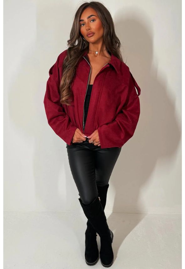 Faux Suede Puffed Bomber Jacket With Tabs Burgundy
