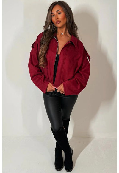 Faux Suede Puffed Bomber Jacket With Tabs Burgundy