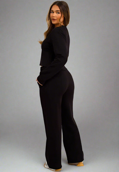 Corset Zip Up Crop Sweatshirt And Joggers Tracksuit Co Ord Set Black