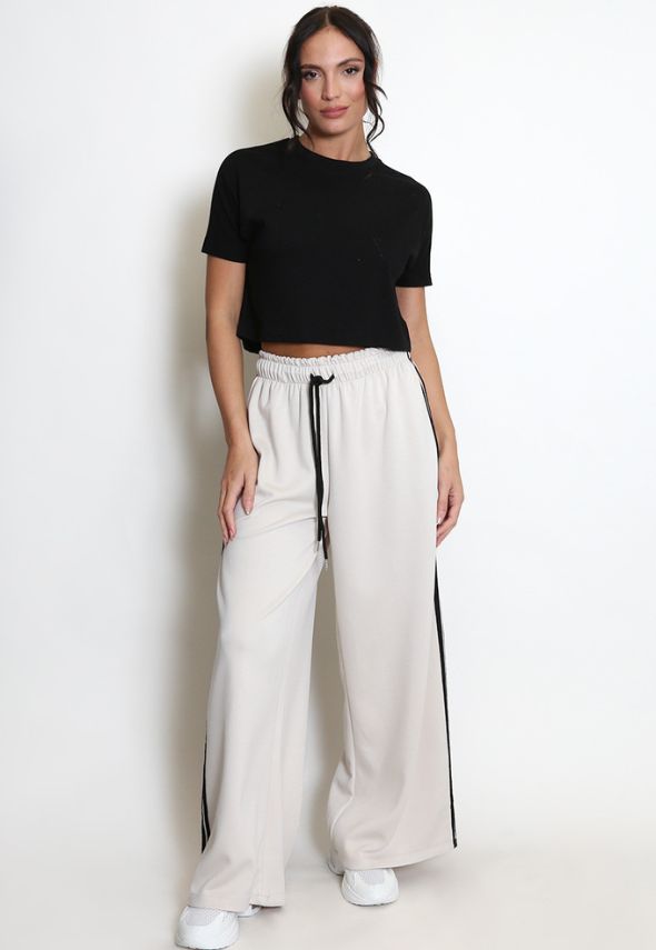 Side Stripe Wide Leg Trouser Cream