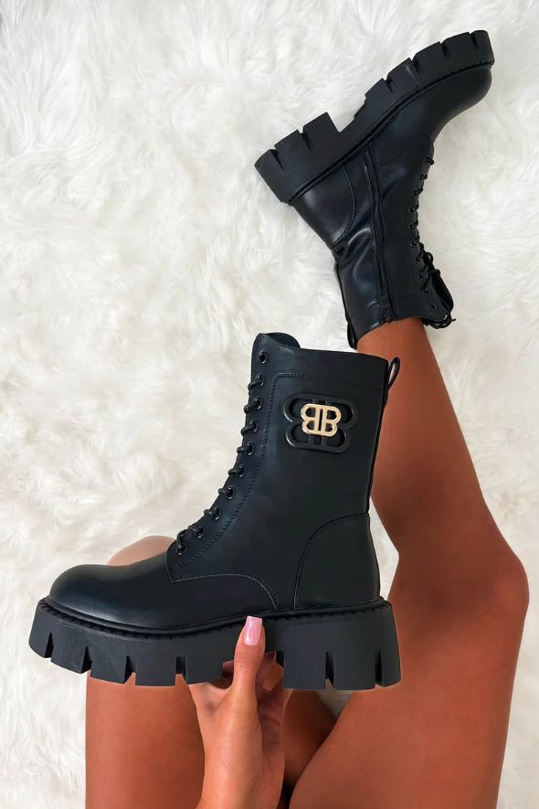 Black Faux Leather Large Buckle Lace Up Boots