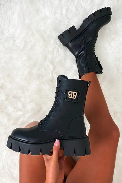 Black Faux Leather Large Buckle Lace Up Boots