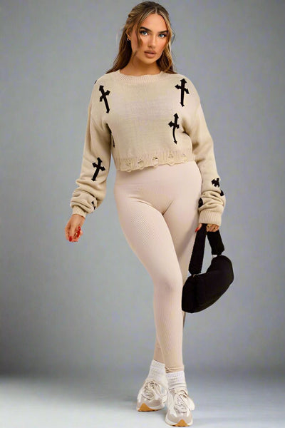 Knitted Jumper With Crosses Cropped Beige