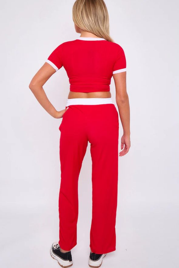 Red Ribbed Crop Top & Wide Leg Trouser Co-ord - Magnolia