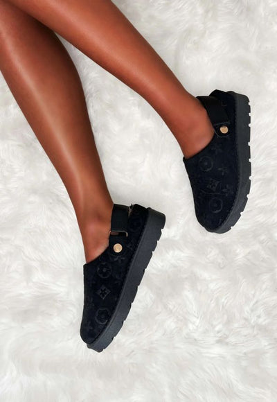 Embossed Sling Back Borg Lined Mules Black